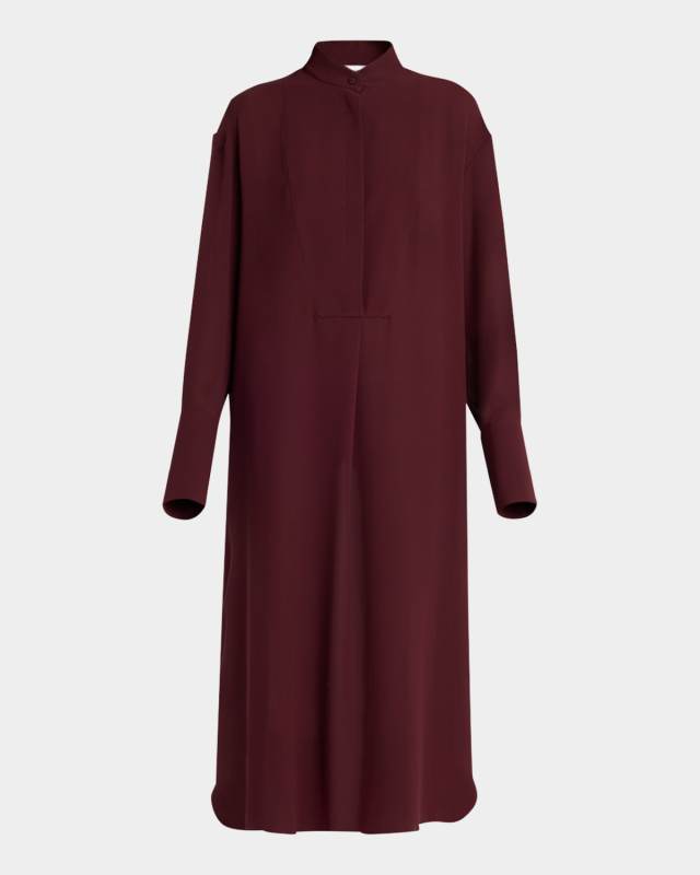 Long-Sleeve Silk Midi Day Shirtdress